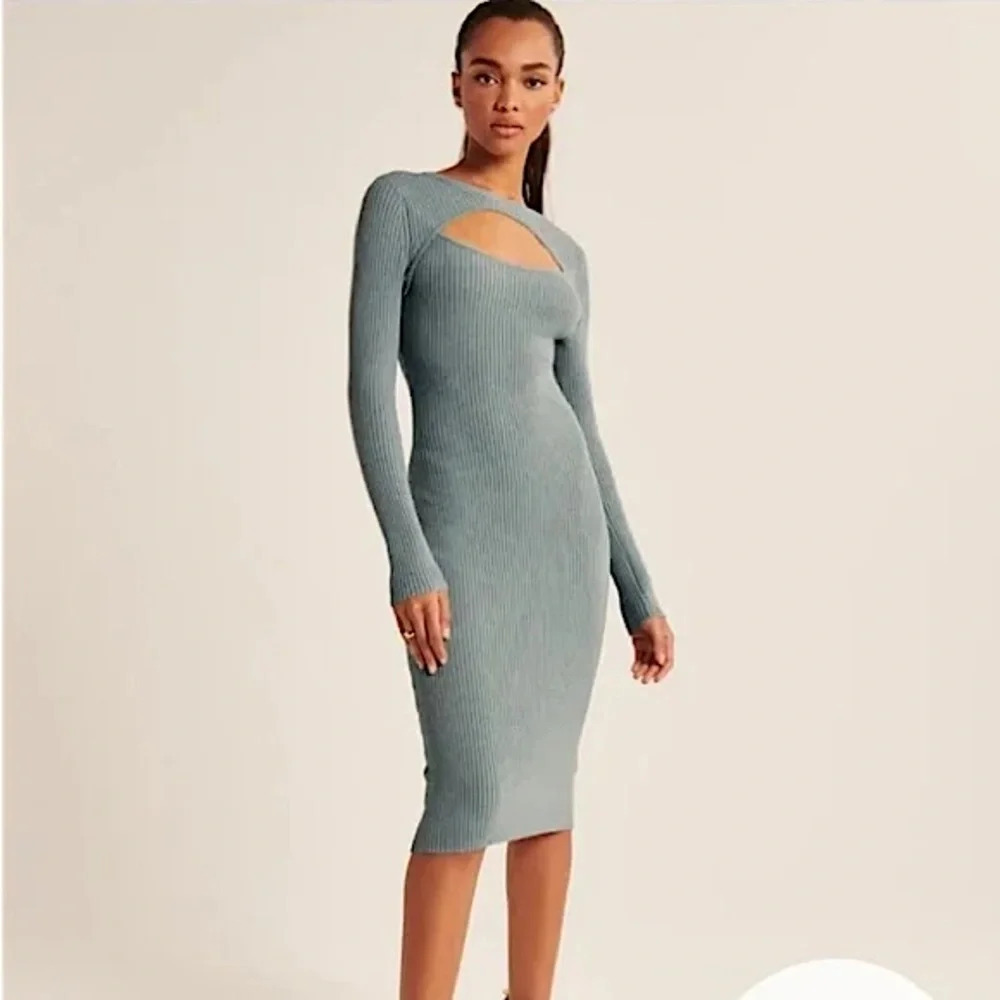 Abercrombie & Fitch Bodycon Ribbed Sweater Cut Out Midi Dress in Teal Size ST